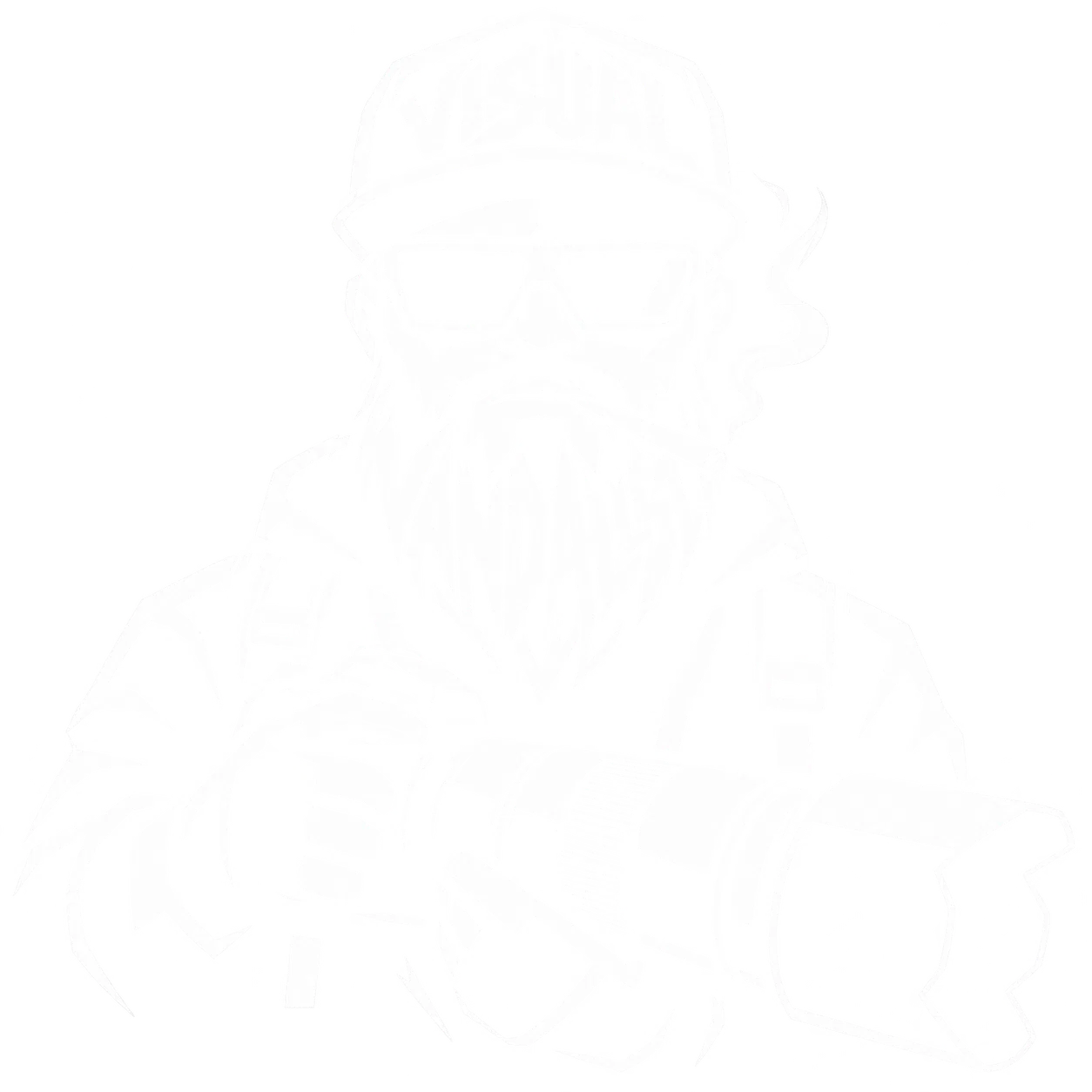 Illustration des VisualVandalist-Fotografen mit Kamera, Basecap, Sonnenbrille und Bart